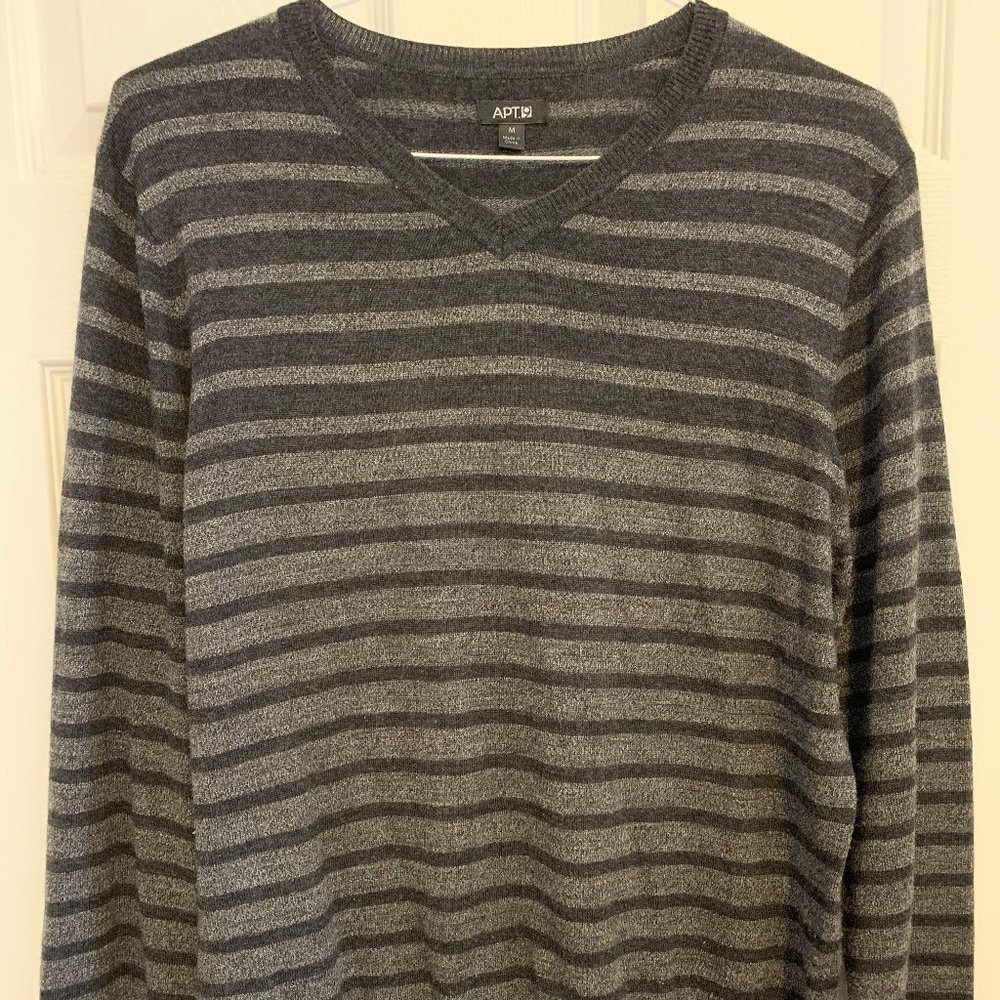 Men's Black Grey Striped Sweater Long Sleeve V-Neck